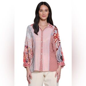 John Mark Yarn Dyed‎ Patch Print 3/4 Dolman Sleeve Button Front Top Small/Medium